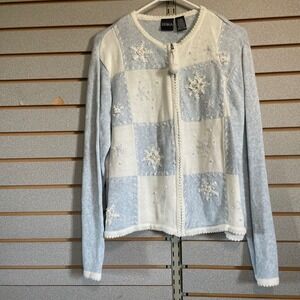 Erika Snowflake Embellished Cardigan Sweater Blue White‎ Knit Winter L